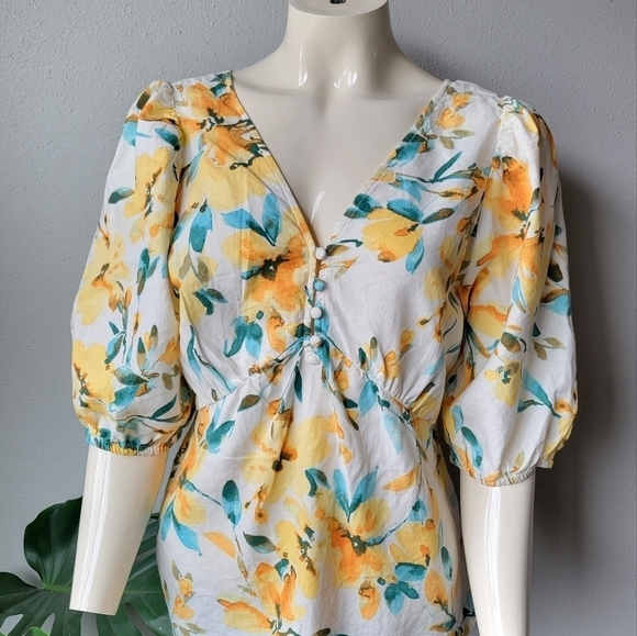 GAP Linen Blend Yellow Watercolor Floral Peplum Puff Sleeve Top sz Small Tall - Picture 2 of 7